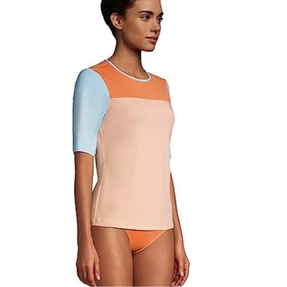 NWT Lands End Crew Neck Elbow Sleeve Rash Guard UPF 50 Sun Protection Swim Tee - Picture 2 of 3